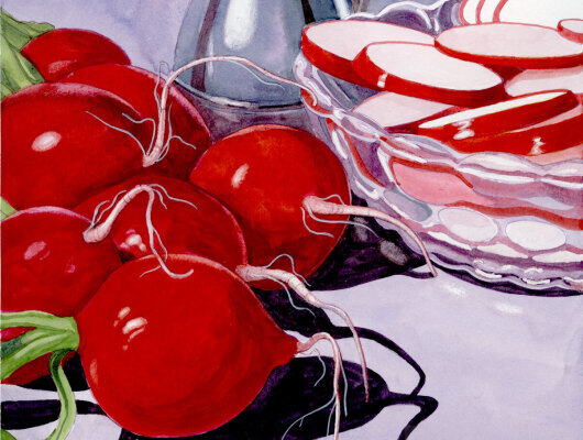 2ND PLACE:  "Ravishing Radishes" by Marcia Hartsock - a painting of whole and a bowl of sliced radishes